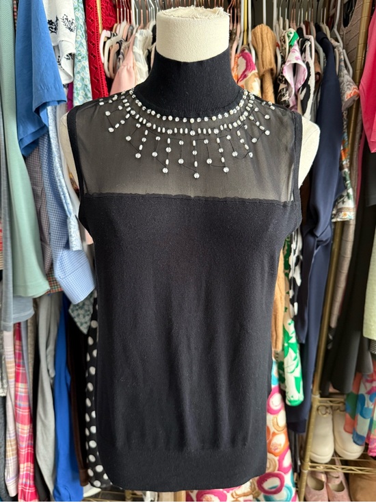 Cable & Gauge Tops - Cable & Gauge Black Rhinestone Mesh Yoke Sleeveless Mock Neck Top - Medium
